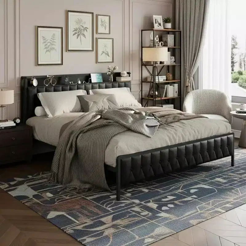 Bed Frame with PU Faux Leather and Soft Headboard, Metal Platform Bed Frame with Storage, No Box Spring Needed Black