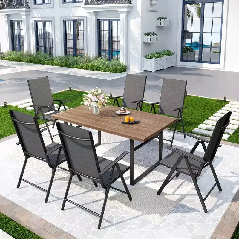 7pc Patio Dining Set with Faux Wood Rectangular Table with Umbrella Hole & Folding Reclining Chairs - Captiva Designs