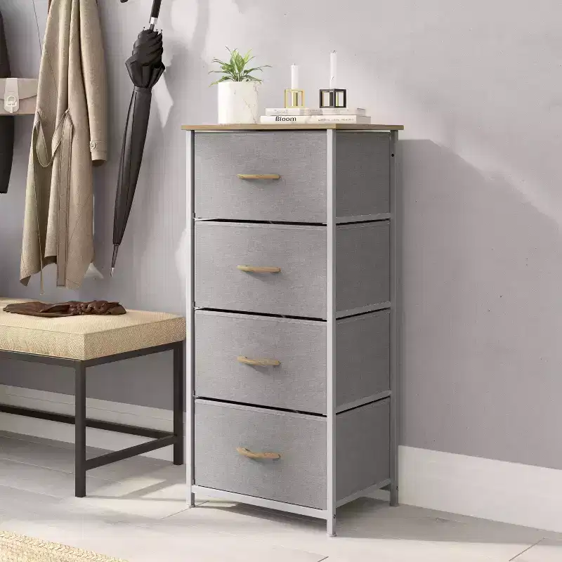 4 Drawer Storage Dresser with Cast Iron Frame, Wood Top and Easy Pull Fabric Drawers with Wooden Handles