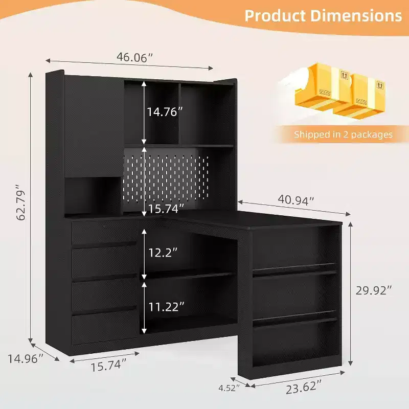 MooxvMoo L Shaped Wooden Right Desk with LED Lights, Drawers and Bookshelf, Modern Corner Computer Table for Home Office and Gaming, Black