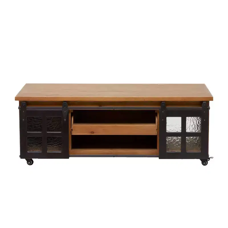 Industrial Wood Coffee Table Brown Rustic 2-Tier Shelving, Hidden Drawer, Sliding Metal Door