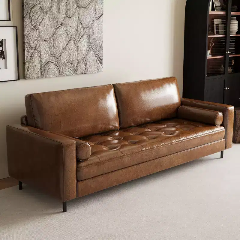 Luck Live Mid-Century Modern 80.31 Vintage High-End Oil-Waxed Leather Sofa with Solid Frame for Living Room