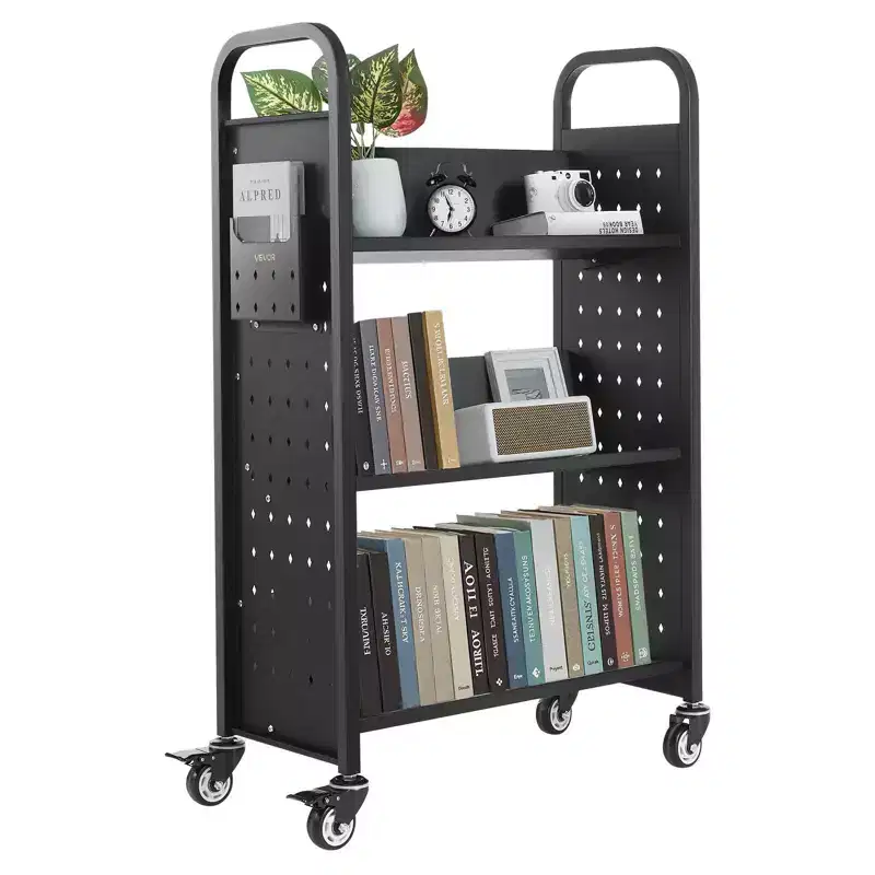 Rolling Library Book Cart with V-Shaped 3-Tier Shelves, 330 lbs Capacity & Lockable Wheels