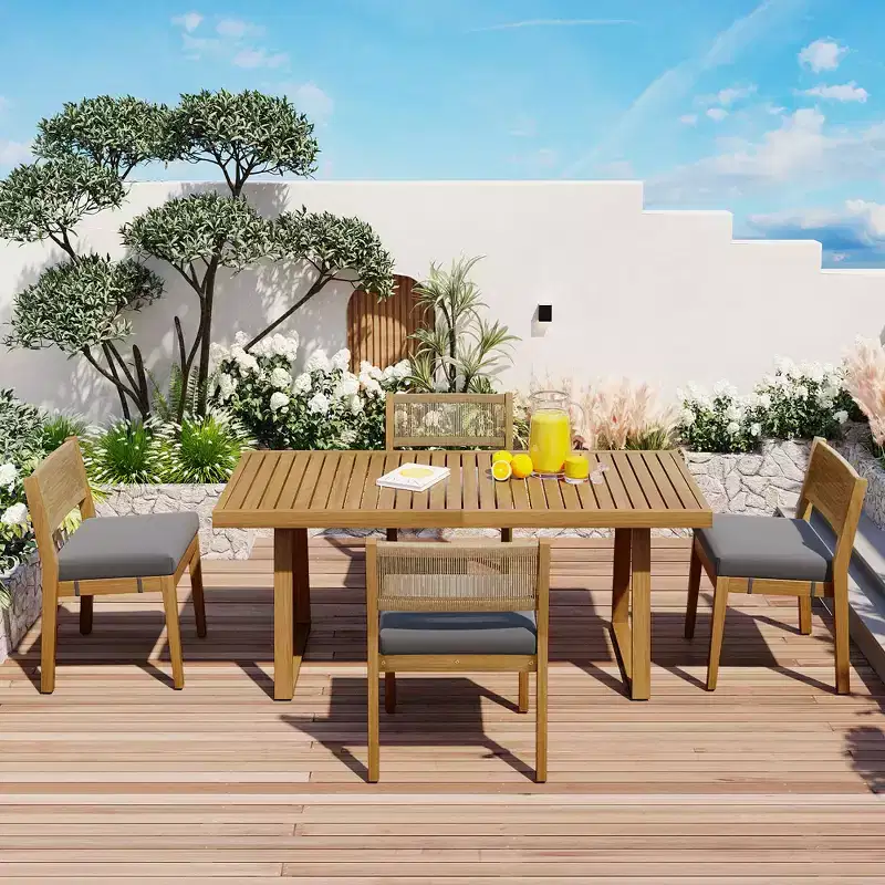 Whisen Multi-person Outdoor Acacia Wood Dining Table and Chair Set, Thick Cushions, Suitable for Balcony, Vourtyard, and Garden