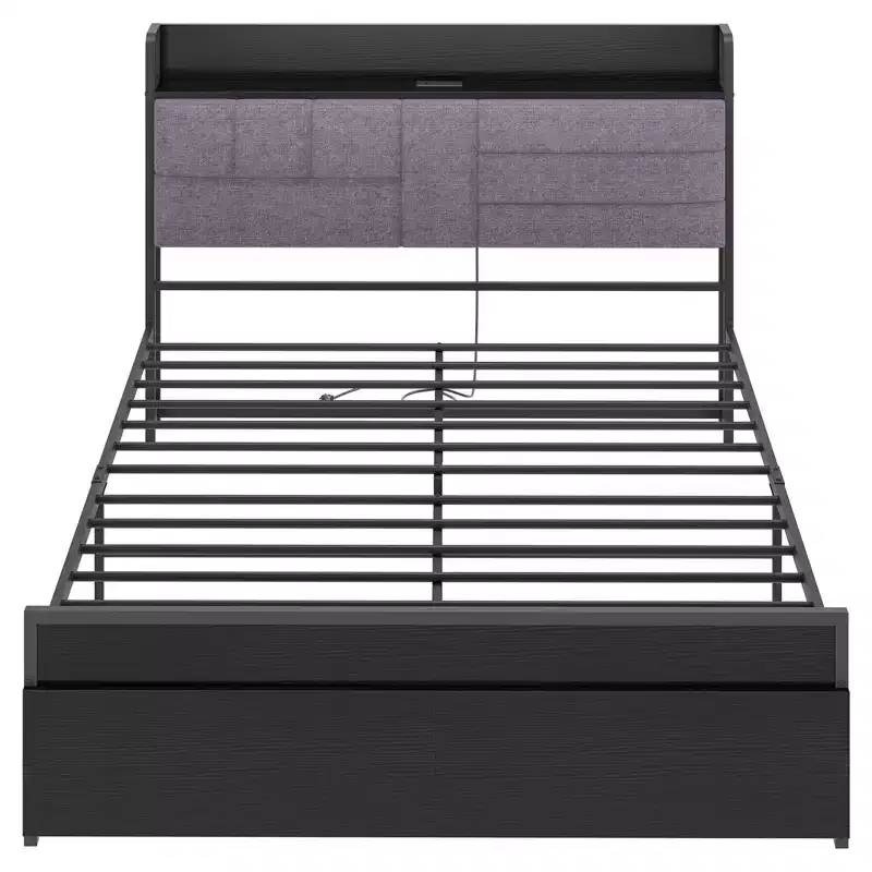 Full-size bed frame with a headboard featuring a shelf, storage functionality, two drawers, and a charging station, no bed box needed.