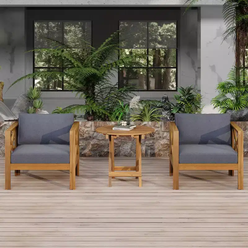 NAYSAYE Patio Chaise Lounges Outdoor Wood Conversation Set with Cushions and Foldable Table for Patio, Gray and Teak, 28.7*27.9*24