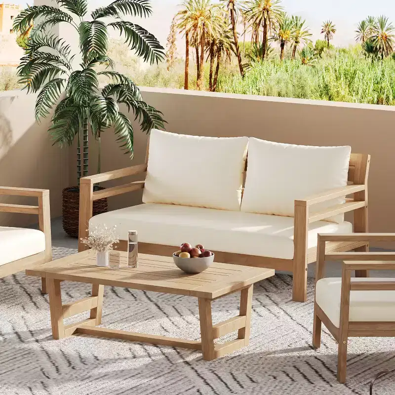 ModernLuxe 5-Piece Acacia Wood Outdoor Patio Sofa Set with Coffee Table, Patio Conversation Set with Beige Cushions, Light Teak Finish