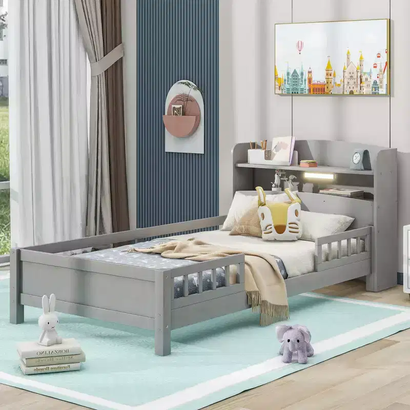 Wood Platform Bed with Built-in LED Lights, Storage Headboard and Guard Rails - ModernLuxe