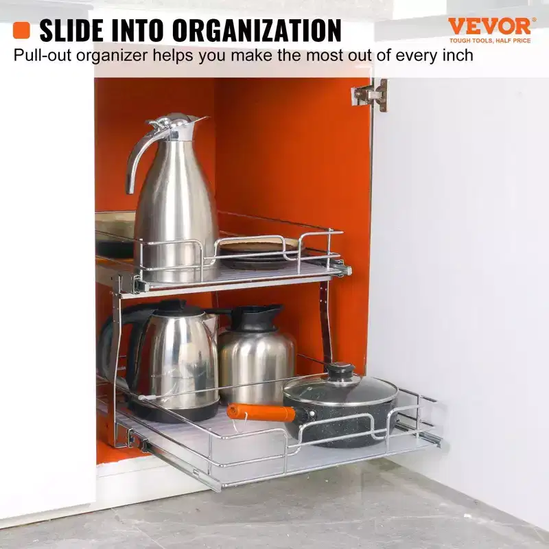 VIYET 2-Tier 20W21D Slide Out Cabinet Shelves, Heavy Duty Chrome Steel Pull Out Drawers, Under Sink/Kitchen/Bathroom
