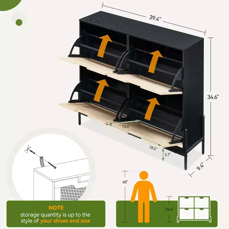 Acekool Rattan 4 Flip Drawer Shoe Cabinet with Metal Legs, Narrow Freestanding Shoe Organizer for Entryway