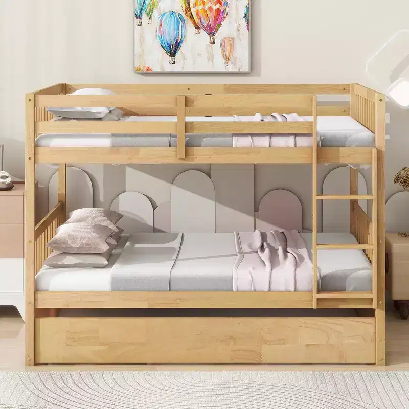 Full Over Full Bunk Bed, Wood Kids Rubber Wood Frame, Indoor Bedroom Furniture, Convertible to 2 Separate Beds, Pull Out Trundle - Natural