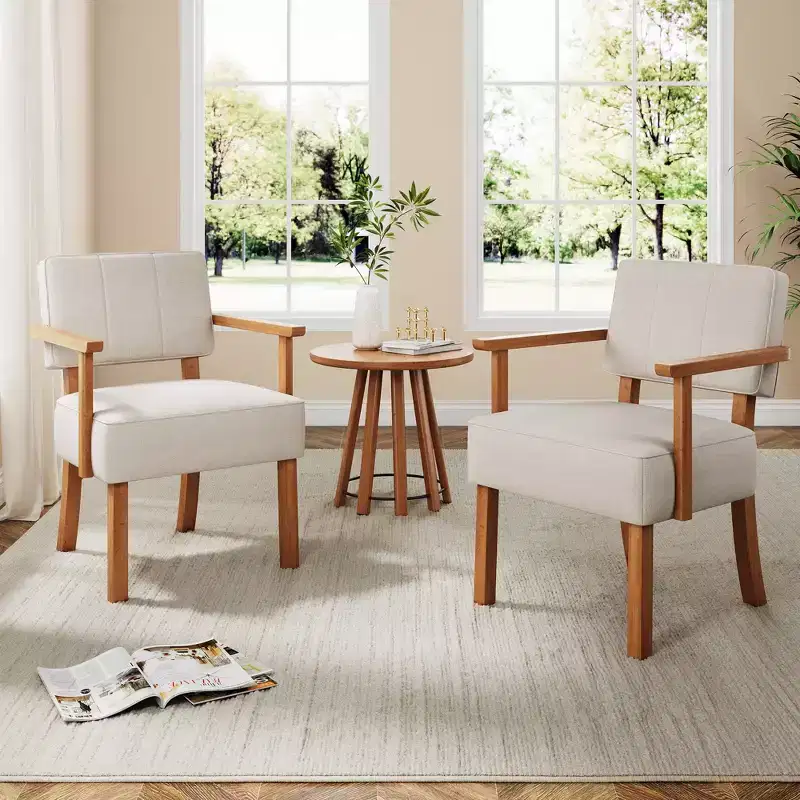 Linen Fabric Accent Chair, Mid-Century Modern Armchair with Vertical Stripes, Wood Frame Reading Chair for Living Room