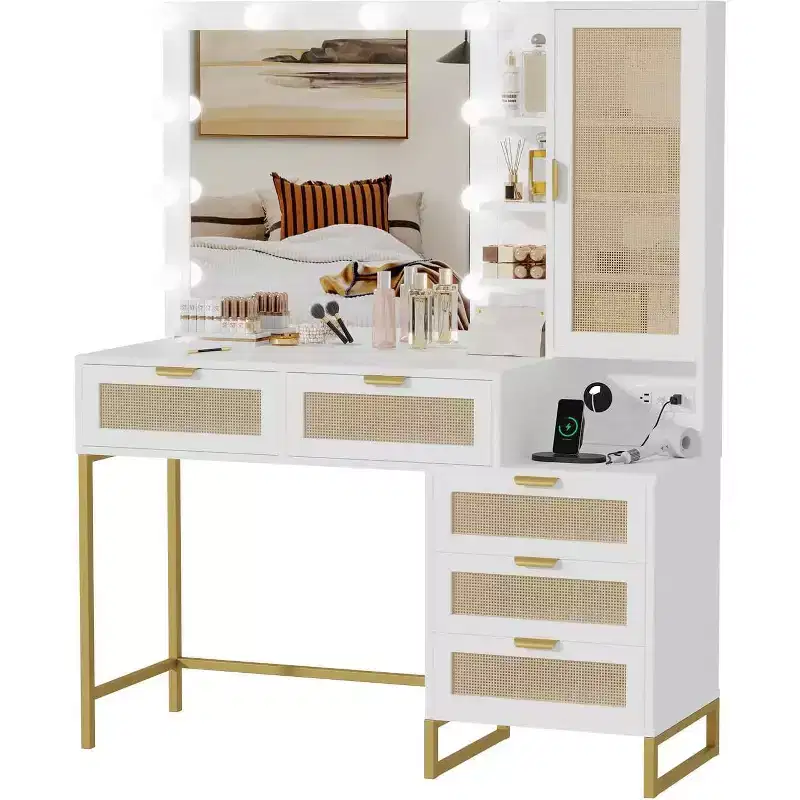 Vanity Desk with Mirror and Lights, Vanity Desk with Power Outlet, 5 Drawers Makeup Table