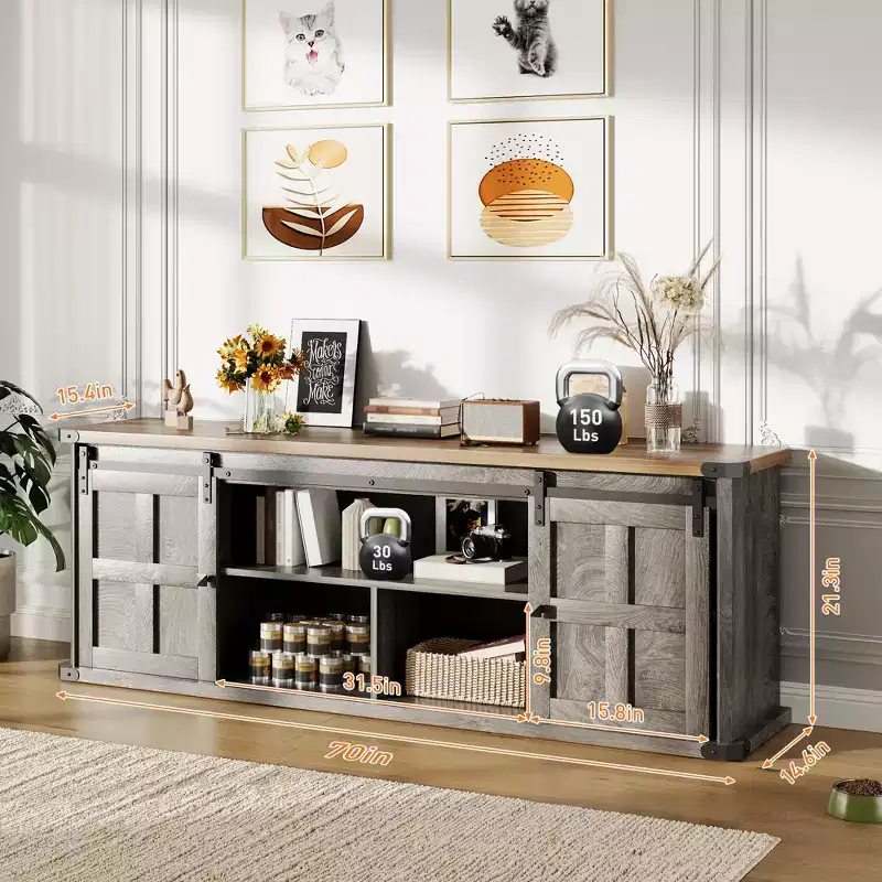 70 Farmhouse TV Stand for 80/75/70 Inch TVs, Storage Cabinets with Sliding Barn Door, Rustic TV Stands for Living Room, Media Console Cabinet