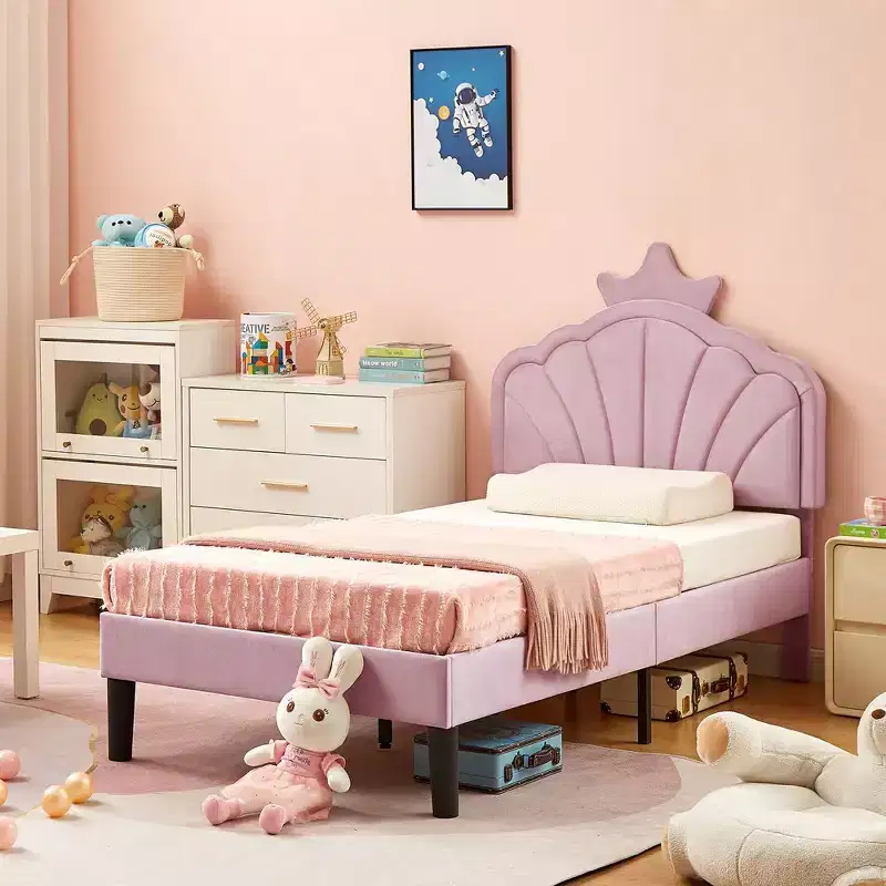 VECELO Upholstered Crown-Shaped Kids Bed Frame Wooden Platform Bed with Adjustable Headboard, No Box Spring Needed
