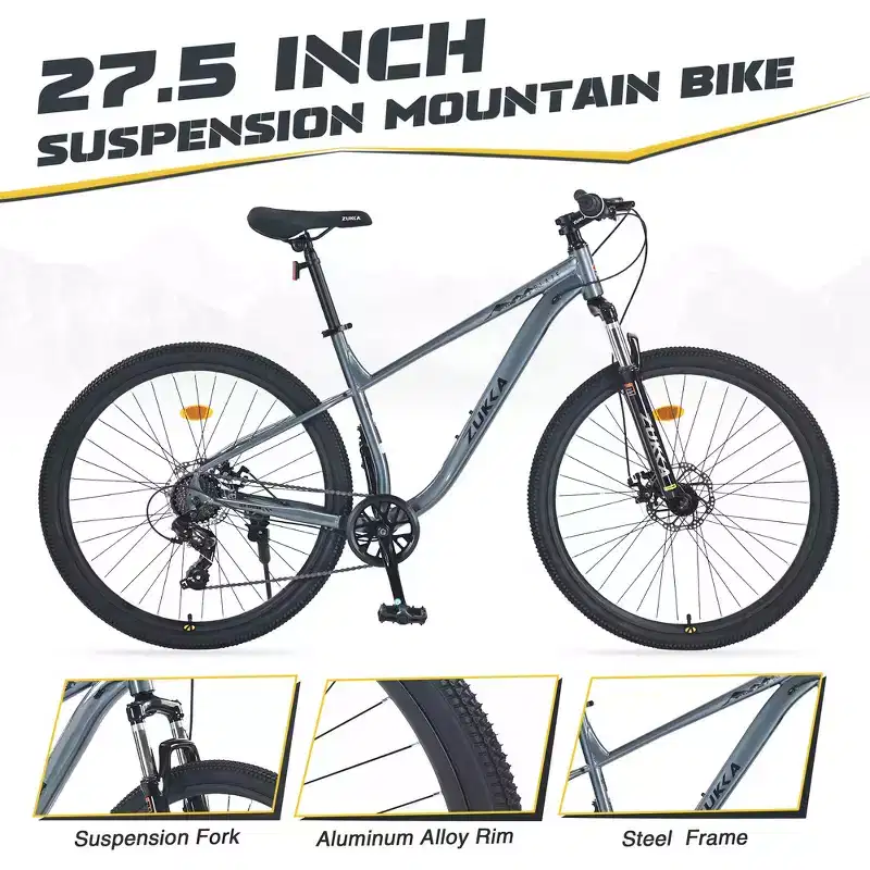 Whisen 27.5 Mountain Bike with 8 Speed Rear Derailleur, Front Suspension, Steel Frame