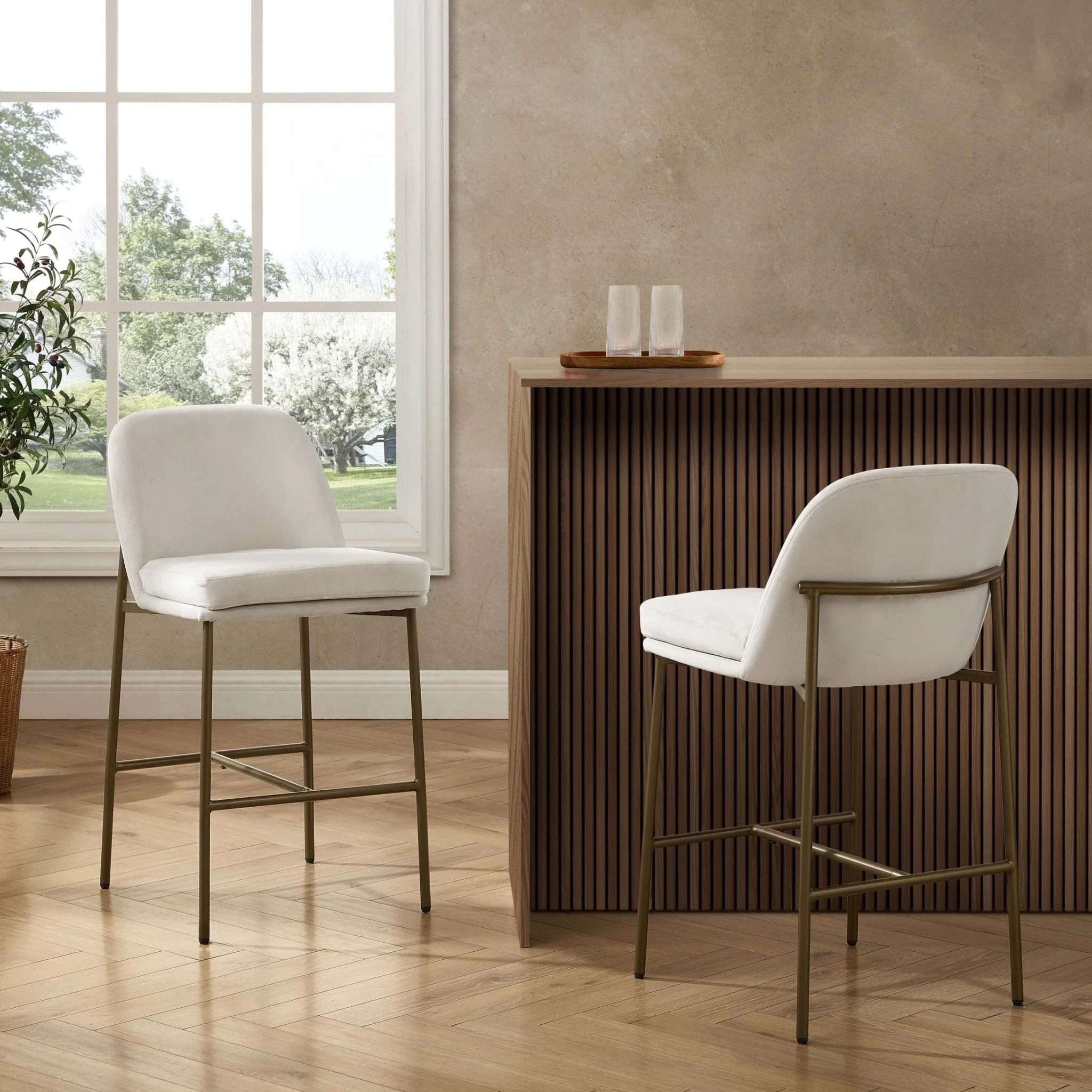 Organic Ecru Fabric Barstool with Built-in Footrest for Kitchen