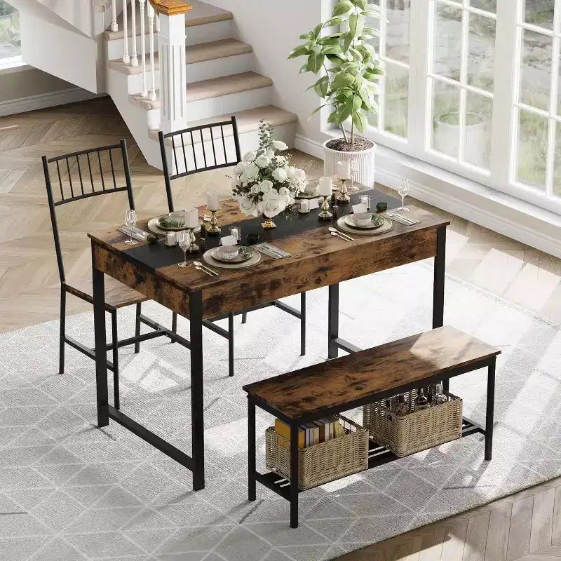 Dining Table Set for 4 with Rectangular Farmhouse Table, Bench, 2 Chairs, Storage Rack & Drawers, Ideal for Small Kitchens and Breakfast Nooks.