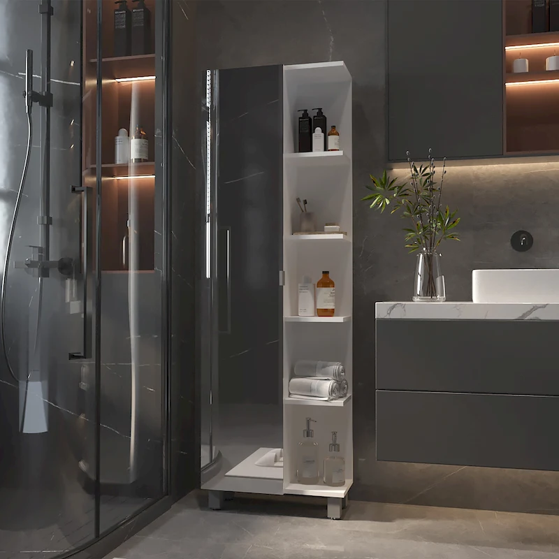 FM Furniture Los Angeles Mirror Linen Cabinet with 5 Open Shelves