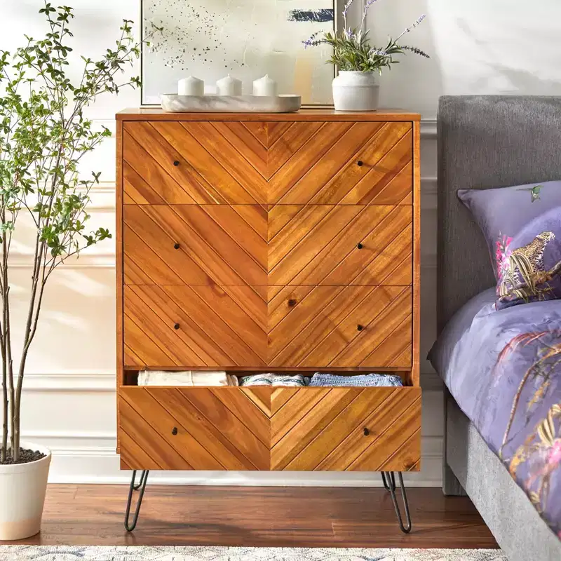 4-Drawer Chest Oak Chevron Acacia Veneer Hairpin Legs 47.3