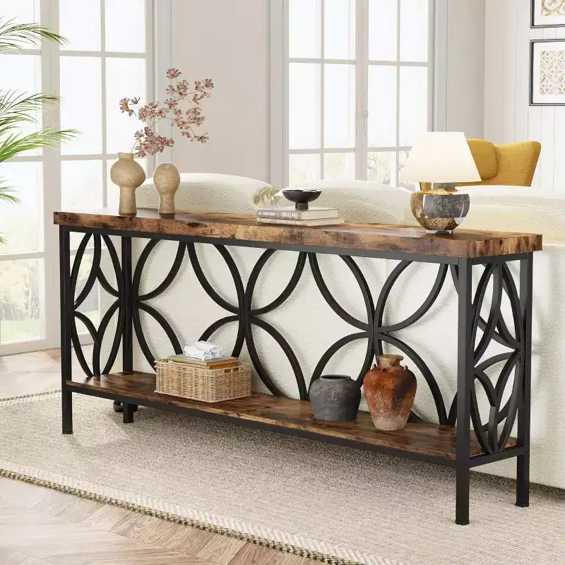 70. 9" Narrow Entryway Console Table with Storage Shelf Rustic Brown