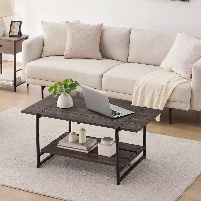 2 Tier Wood Coffee Table, 41'' Industrial Center Table, Cocktail Tea Table with Storage Shelf, Sofa Side Accent Table for Living Room
