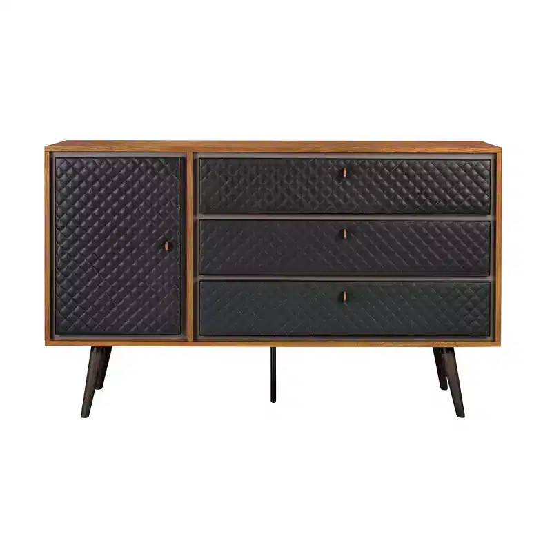 Coco Dresser Rustic Oak/Brown - Armen Living: Modern Storage, Faux Leather Detail, Soft Close