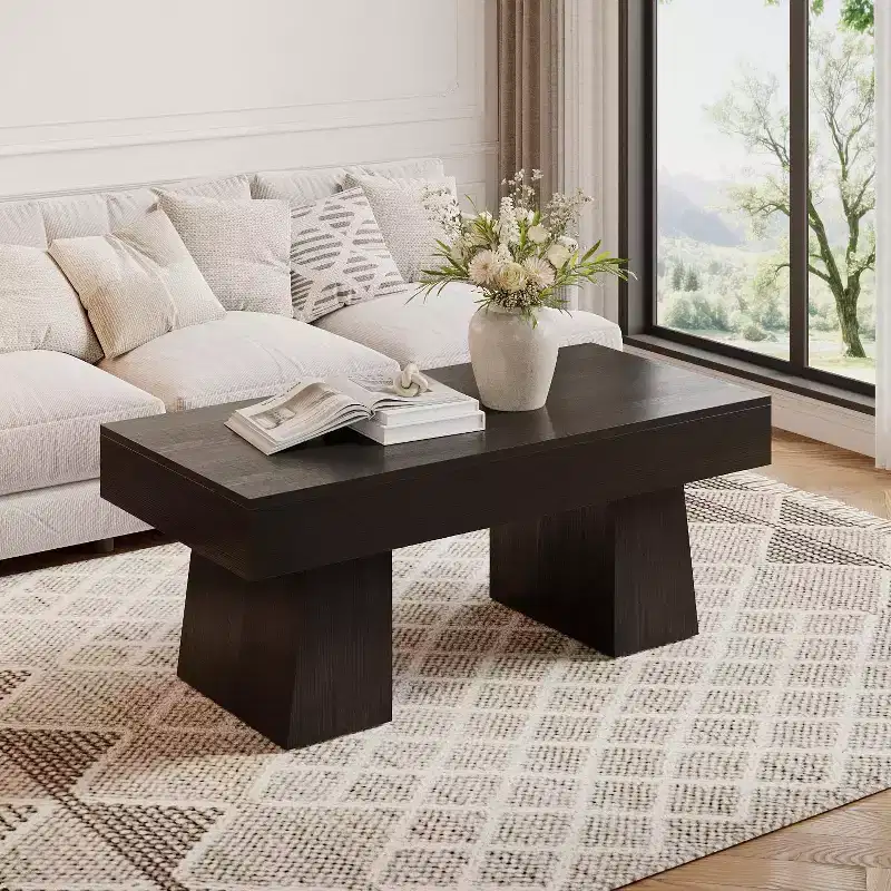 Lantine Farmhouse Coffee Table, 47 Inches Rectangular Wooden Accent Center Tables with Thick Basefor Living Room
