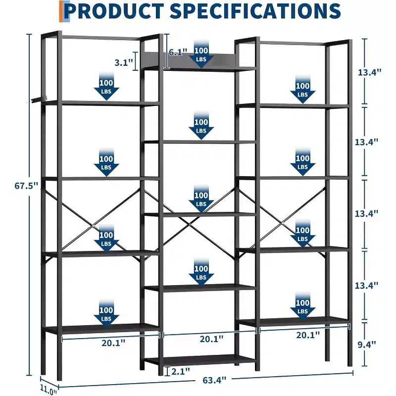 5-Tier Triple-Column Bookcase, 14 Adjustable Shelves, 100LB/Shelf, Steel Frame & Particle Board (Black/Brown)