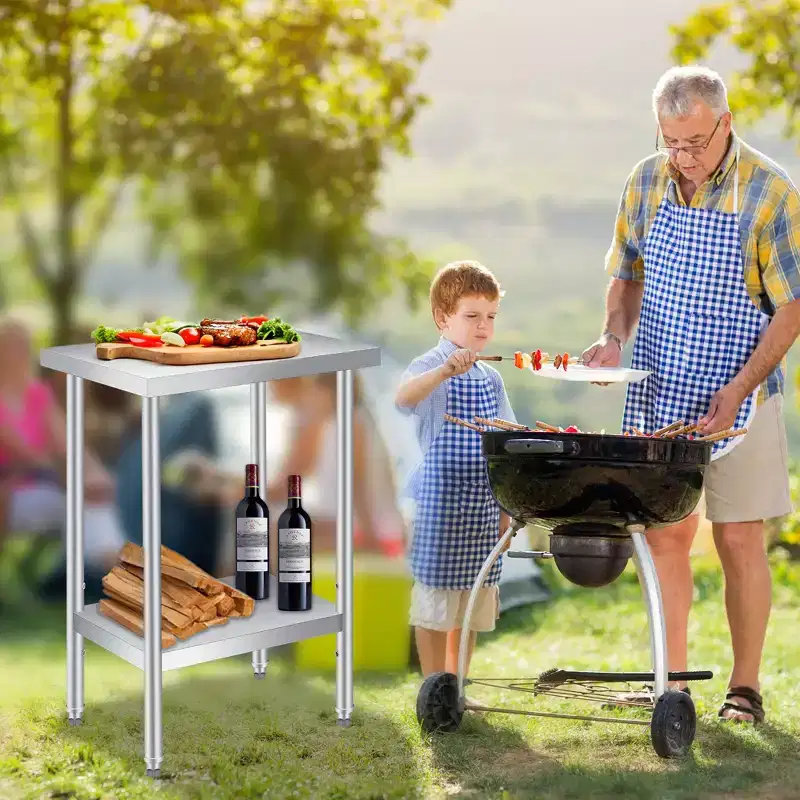 Heavy Duty 2-Tier Stainless Steel Outdoor Side Table  Adjustable Storage Shelf, Rust Resistant, Patio End Table for Garden, Kitchen, Restaurant