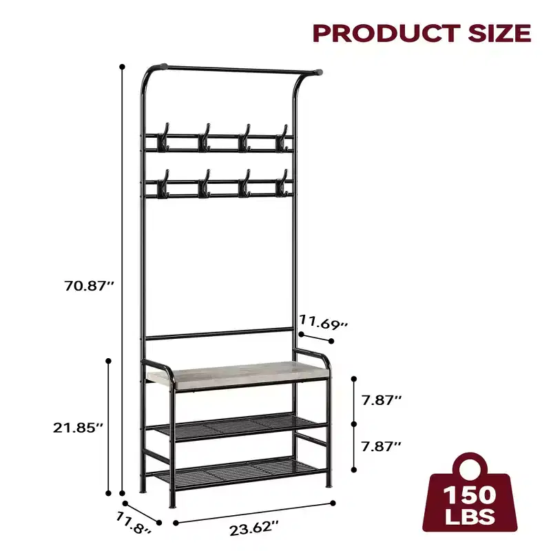 Narrow Entryway Hall Tree with Shoe Storage Bench, Coat Rack Shelves with 8 Hooks, Hanging Bar