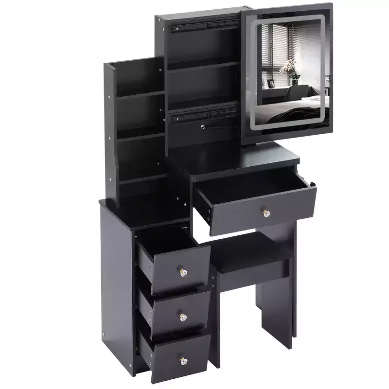 Vanity Desk with LED Mirror, 3-Color LED, Power Outlet, Cushioned Stool, Bedside Cabinet and Hair Dryer Bracket for Bedroom