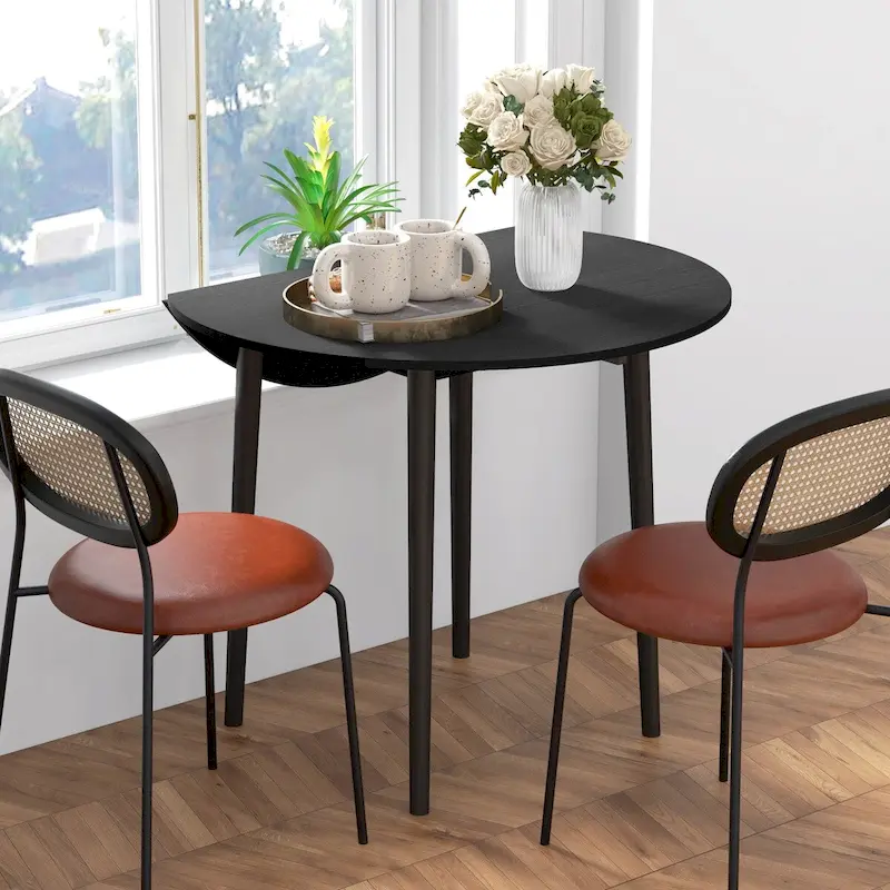 35in Round Folding Dining Table, Collapsible Drop Leaf, Solid Wood Legs, Space-Saving Small Kitchen