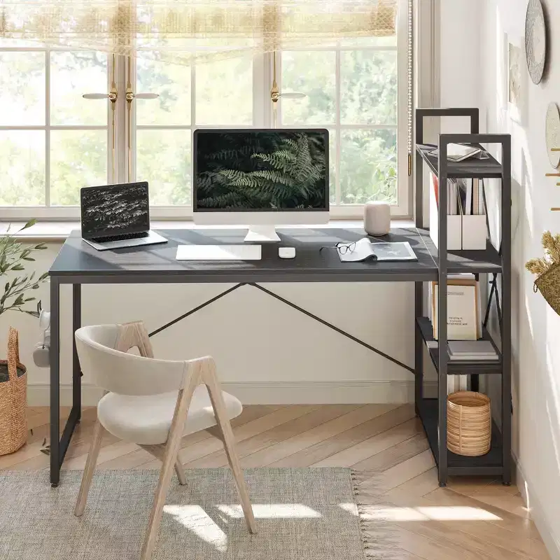 Bestier 63''Computer Desk with Shelves Storage and Oak Earphone Hook,Home office desk with 4 Tier Shelves & Adjustable Feet & Reversible Bookshelf