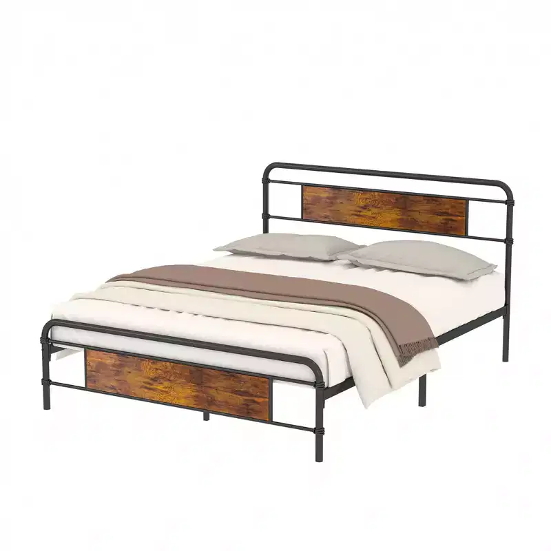 Full/Queen Metal Platform Bed Frame with Wood-Grain Headboard & Steel Slats, No Box Spring, Brown