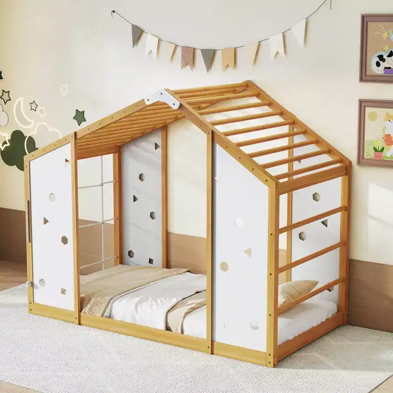 Twin Size 2-in-1 Montessori Climbing Bed with Monkey Bars for Boys & Girls