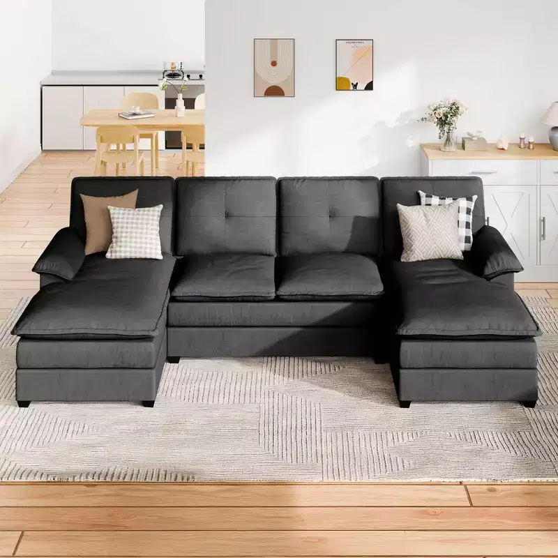 Celebalcony 3-Piece Upholstered Sectional with Chaise. 110 U-Shaped Sofa 4-seat Modular Sofa Large Couch with Ottoman for Living Room