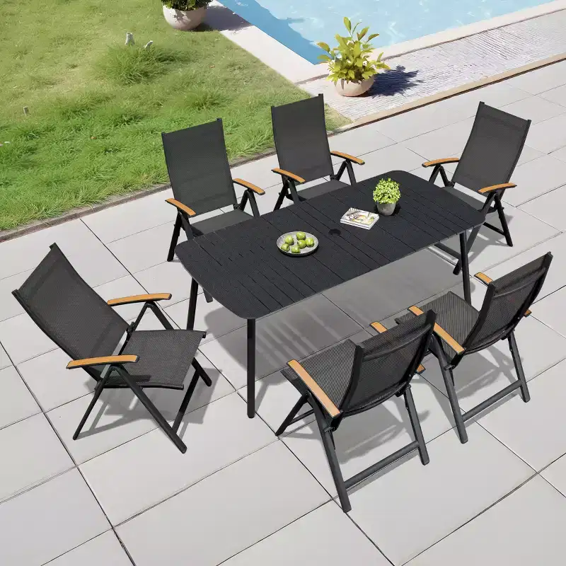 Crestlive Products 7pc Outdoor Dining set Patio Rectangle Table with Folding Chairs Aluminum Frame with Wood-Like Tabletop and Umbrella Hole
