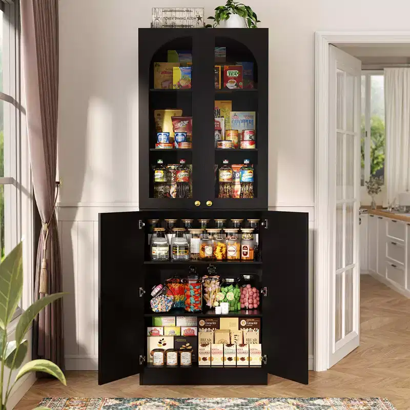 Besiost 80 Tall Kitchen Pantry Arch Storage Cabinet with Tempered Glass Doors, Freestanding Bookcase with Shelves