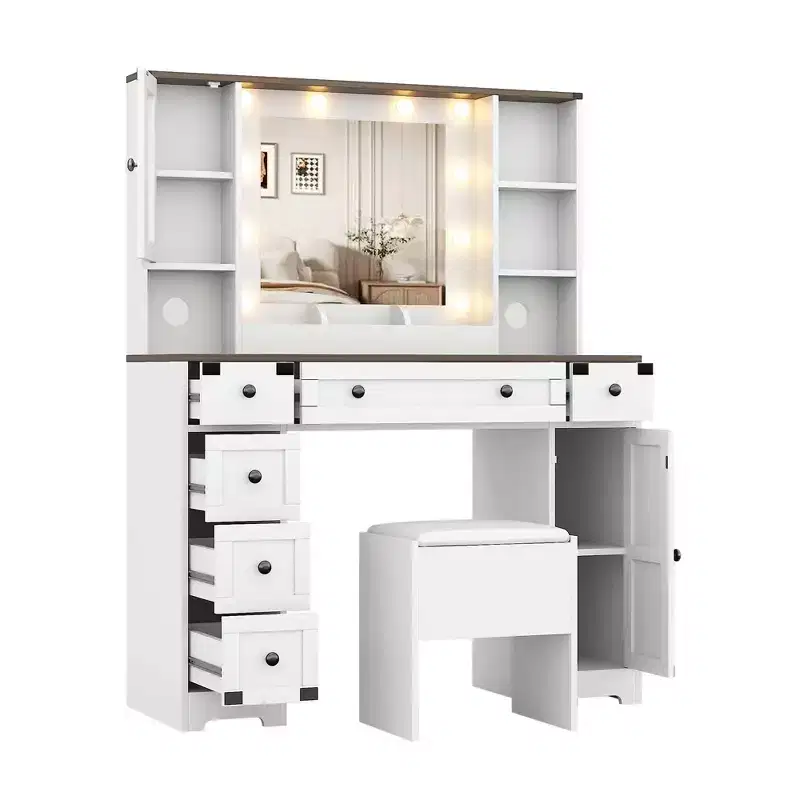 Makeup Vanity with Soft Cushioned Stool, Farmhouse Dressing Table with 6 Drawers & 2 Cabinet & Open Shelves