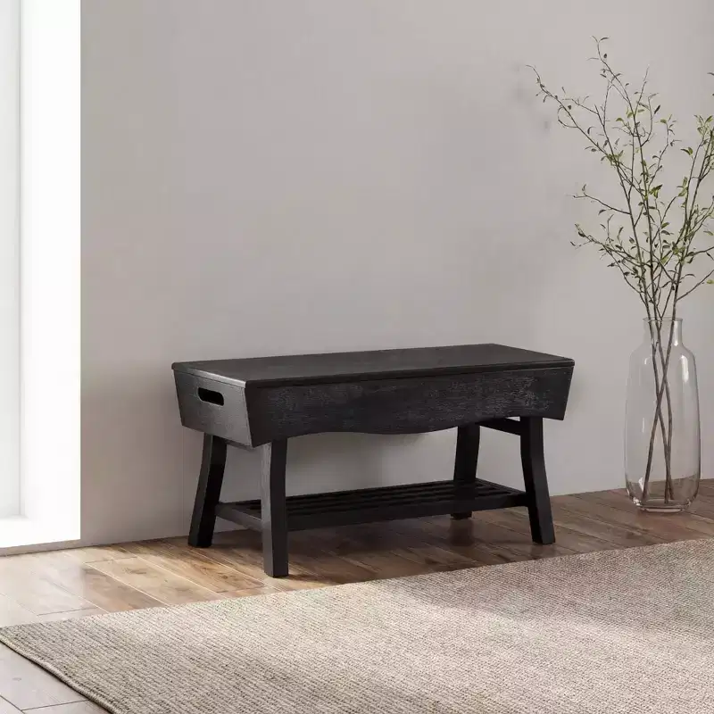 eHemco Solid Hardwood Bench with Storage Shelf and 4 Panels, 36x15.25x17.3 Inches, Black
