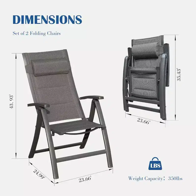 Clihome Patio Folding Chairs Set of 2 - Padded Textilene Adjustable Loungers
