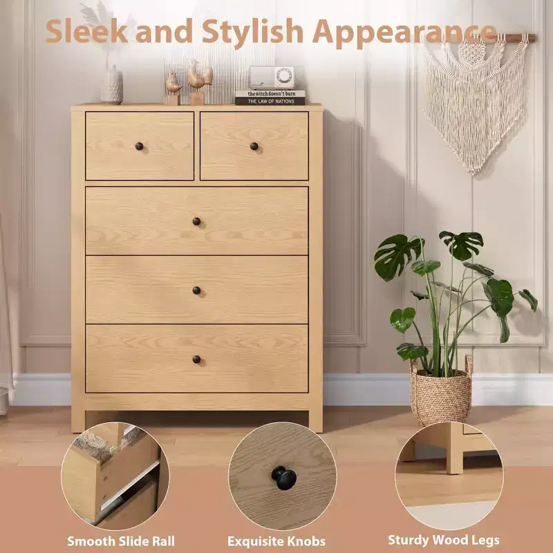 Modern 5 Drawer Dresser for Bedroom  Tall Wooden Chest, Spacious Storage Organizer, Drawers for Entryway, Hallway, Closet, Kids Room, Home Office