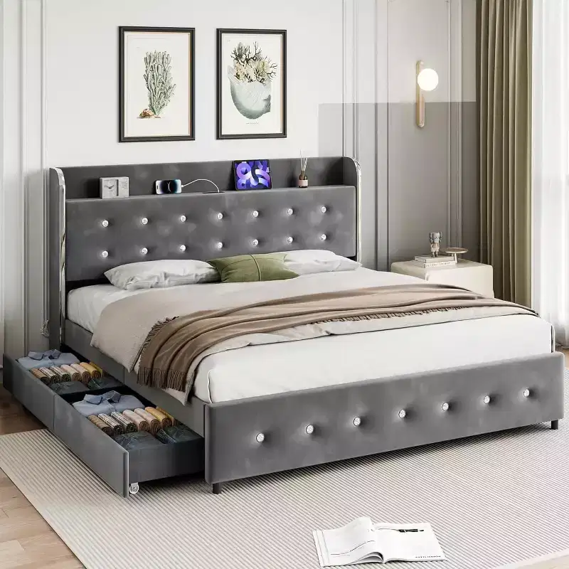 Queen Bed Frame with 4 Storage Drawers, Velvet Upholstered Platform, 1000 lbs Support, Gray
