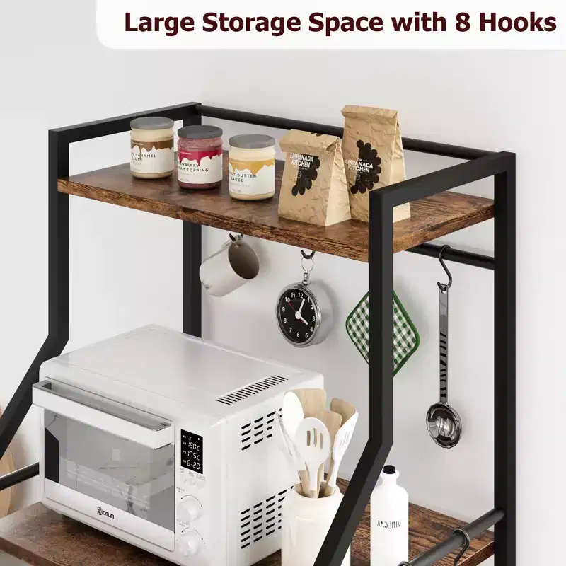 Freestanding Kitchen Bakers Rack, 5 Tier Microwave Stand with Wire Basket & Adjustable Feet, 50.7'' Tall Industrial Coffee Bar Statio