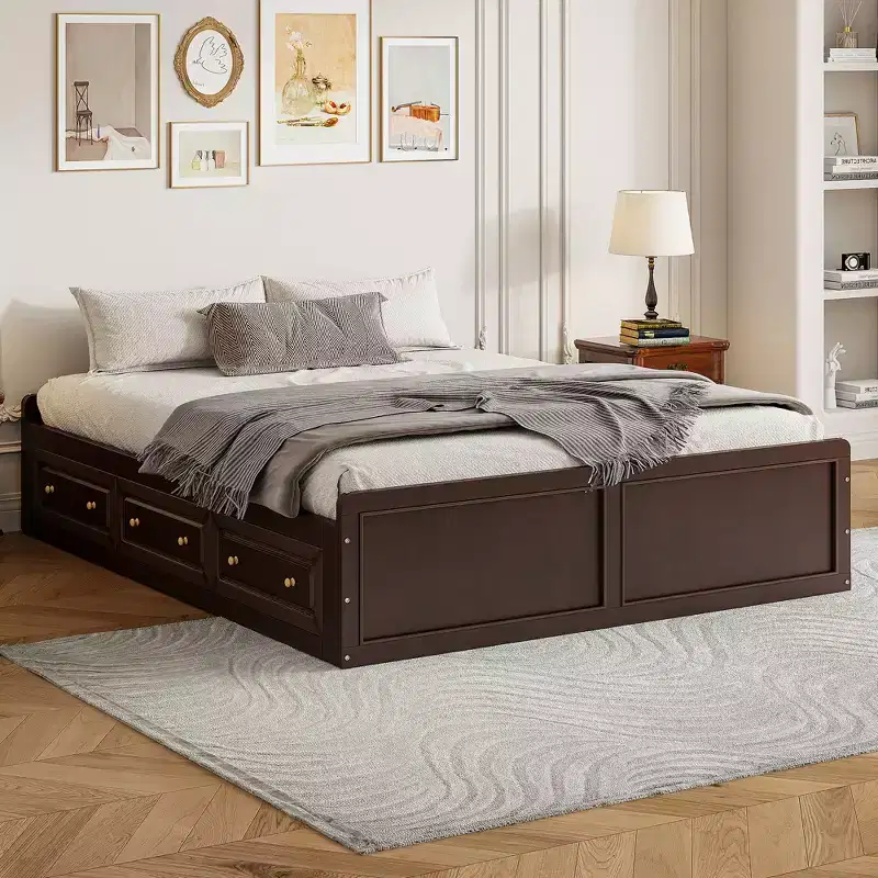Queen Size Wood Platform Bed Frame with 6 Storage Drawers