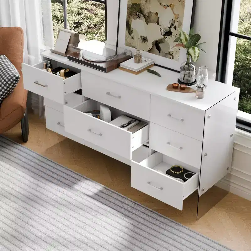White 9-Drawer Dresser with Tempered Glass High Legs, Floating Visual Effect + Anti-Tipping Design