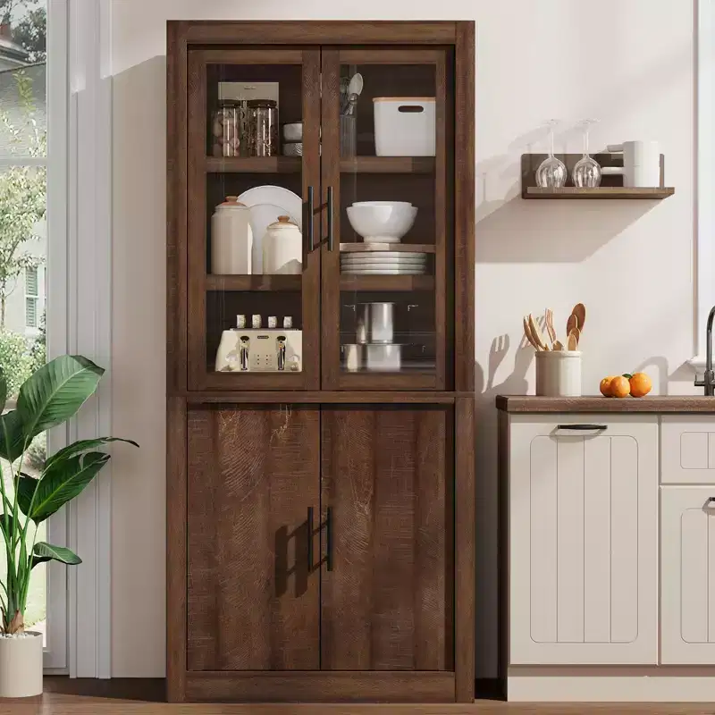 Tall Wooden Kitchen Pantry Cabinet, Farmhouse 4-Magnetic Door Freestanding Food Storage Cupboard Pantry Cabinet with Adjustable Shelves Large Storage
