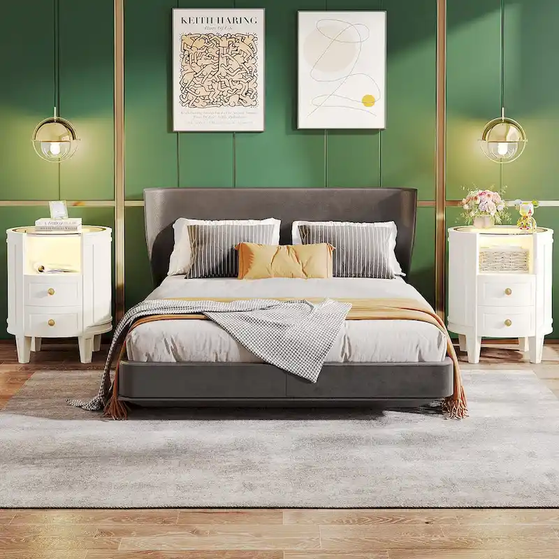 Round Nightstand with 2 Drawers, LED Light and Open Shelf – 25.5 Inch Tall