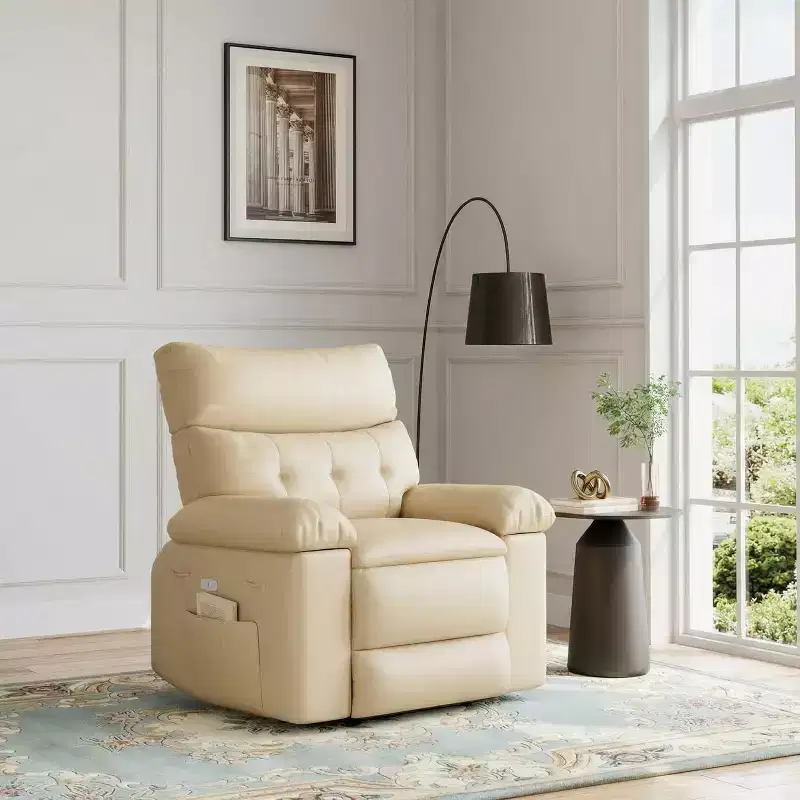 Oversized PU Leather Manual Recliner,Single Sofa with Deep Seat, Arms & Back, Side Storage Pocket, Comfortable Reclining Chair for Living Room